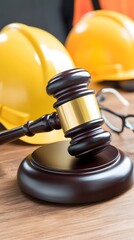 Construction Law Gavel Yellow Hard Hats Legal Concept