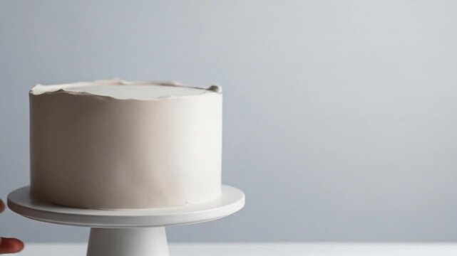 A simple, elegant white cake with frosting on a white cake stand against a light gray background.