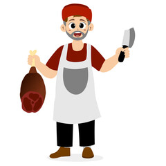 Butcher and meat products, vector Butcher. Cartoon of Happy Butcher Worker Mascot. 