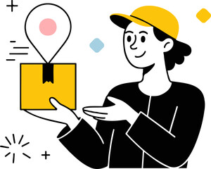 Fototapeta premium Woman in a cap holding a package with a location pin above it indicating delivery or shipping service