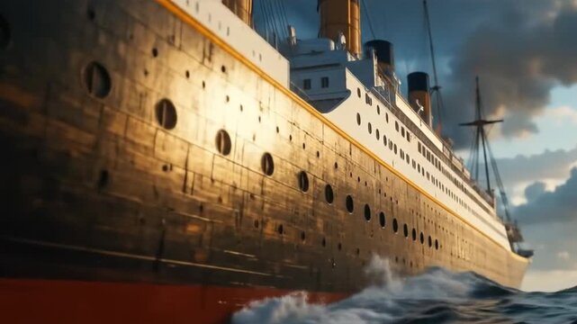 Titanic sailing on the ocean with dramatic sky and golden light