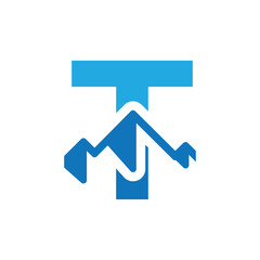 The image shows a flat logo design of a letter T with mountain as the element in blue color on a white background