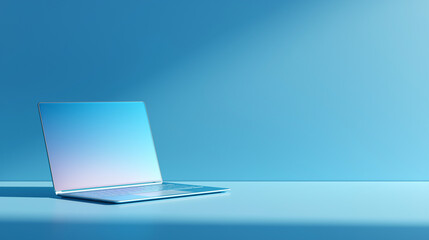 Minimalist blue workspace features a sleek open laptop. Suitable for tech websites, business blogs, design presentations, or work from home articles.