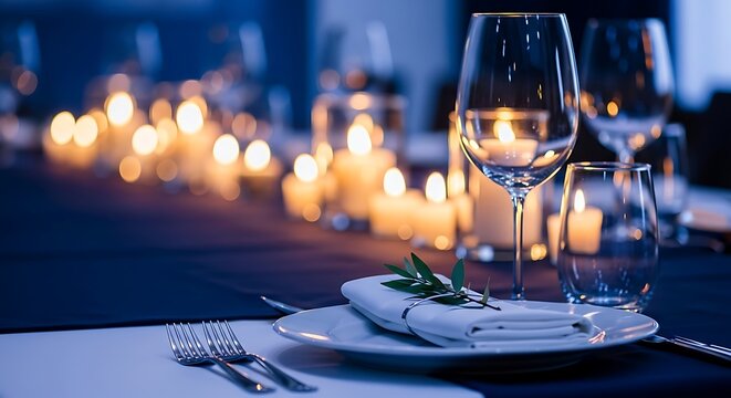 Elegant Table Setting with Candlelight and Wine Glasses for a Special Event Creating a Romantic Atmosphere with Sophisticated Dinnerware and Decoration