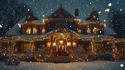 A beautifully decorated house at Christmas, glowing warmly under falling snow.