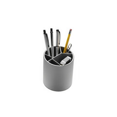 Gray desk organizer with pens, pencil, and eraser, isolated on transparent background