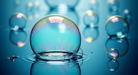 Iridescent Soap Bubbles Floating on a Calm Blue Surface Reflecting Light and Colors Creating a Serene and Dreamlike Atmosphere Perfect for Abstract Art and Conceptual Photography
