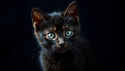 Fototapeta premium Adorable Scottish black tabby kitten, captivating gaze, dark studio backdrop, tabby, pet