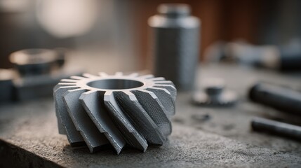 Medium shot of a metal 3D printed gear with sharp details in focus blurred industrial tools and workshop background highlighting rapid prototyping for machinery repairs.