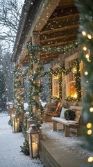 Christmas porch beautifully decorated with lights and garland in a winter snow scene.