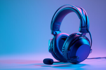 Naklejka premium Gaming headset with mic under neon lighting, ideal for technology blogs, gaming websites, esports articles, streaming platforms, and gaming ads.