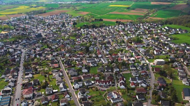Aerial panorama view of the downtown city Hadamar in Germany on a cloudy afternoon in late summer