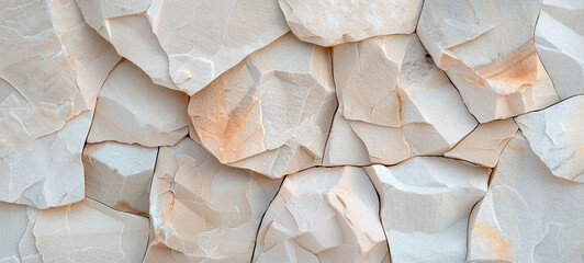 Natural stone wall with rough texture, warm beige and cream tones, subtle golden glow, creating inviting and organic atmosphere for architectural or interior design inspiration