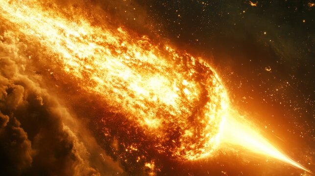 Fiery space object streaks through cosmos, leaving a glowing trail