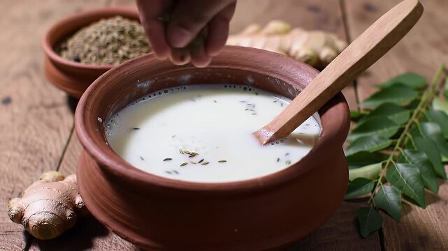 Authentic Buttermilk Lassi in a Rustic Earthen Pot with Ginger and Curry Leaves on Wooden Table for Healthy Probiotic Drink Promotion, Traditional Indian Cuisine in a Studio Setting