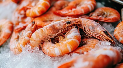 Fresh shrimp pile on crushed ice, vibrant orange hue