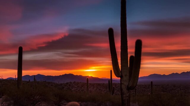 Majestic saguaro silhouette against vibrant arizona sunrise