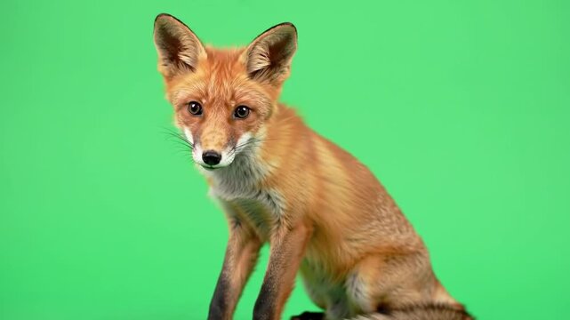Adorable red fox sitting alertly against a green background
