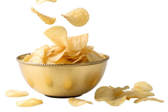 Delicious golden potato chips cascading into a beautifully crafted snack bowl, creating a perfect visual for sharing at parties or enjoying a relaxing movie night