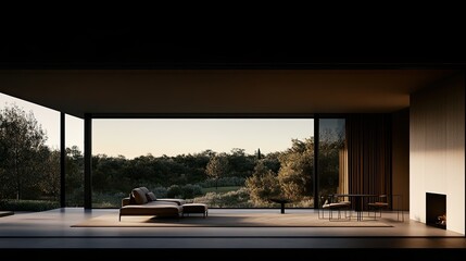 Serene Sunset: Minimalist Living Room with Expansive Nature Views