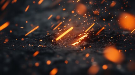 Glowing embers scattered on dark, textured ground create a fiery spectacle