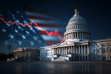 The Capitol building stands prominently as the backdrop for an American flag, while a downward trend graph signifies economic decline during the evening hours