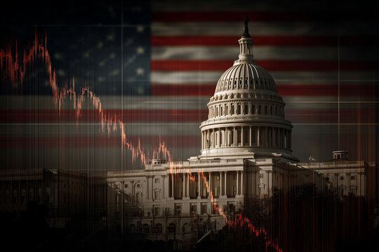 The Capitol building stands prominently as the backdrop for an American flag, while a downward trend graph signifies economic decline during the evening hours