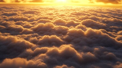 Golden hour light over a dense, puffy cloudscape