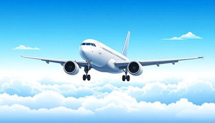 A large passenger jet soars through a vibrant blue sky filled with fluffy white clouds.