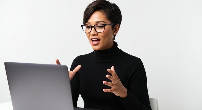 Engaged Businesswoman Actively Communicating and Gesturing Enthusiastically During Online Video Conference on Laptop Isolated on Transparent Background
