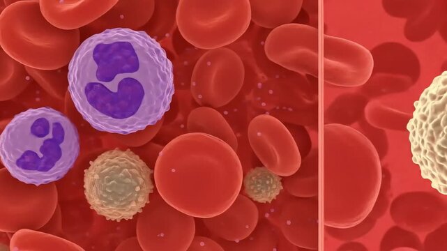 A microscopic view of red and white blood cells present