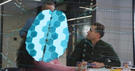 Mature man ending call and joining colleagues collaborating on tech docs with AR brain data overlay - Powered by Adobe