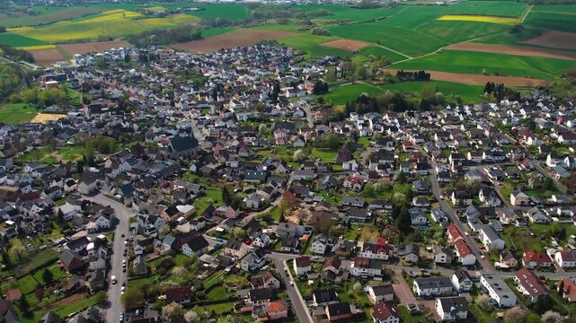 Aerial panorama view of the downtown city Hadamar in Germany on a cloudy afternoon in late summer