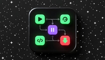 A black square app icon with colorful icons representing a flowchart on a dark background with stars