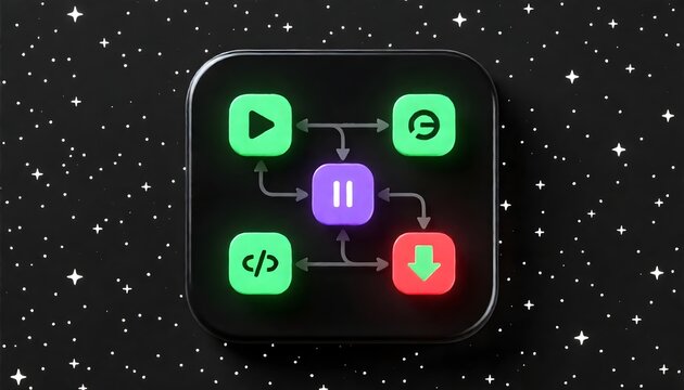A black square app icon with colorful icons representing a flowchart on a dark background with stars
