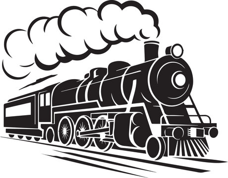 stylized steam locomotive vector illustration in black and white line art showcasing vintage train motion and power