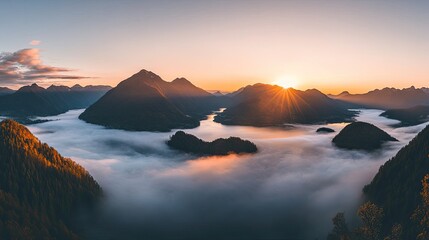 Serene Sunrise over Misty Fjord: Breathtaking Panoramic View of Mountains and Cloudscape