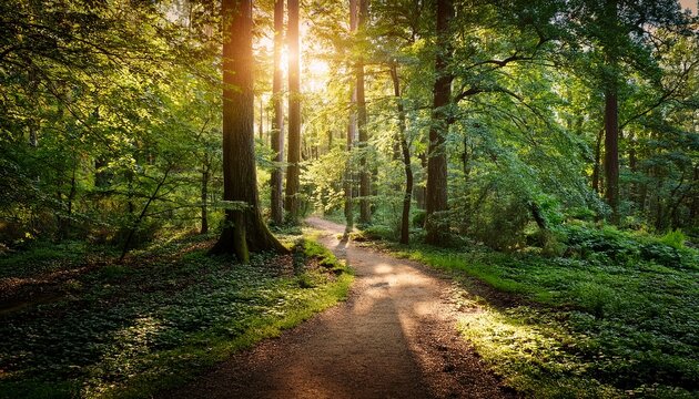 sun dappled path a winding forest journey towards an unknown destination