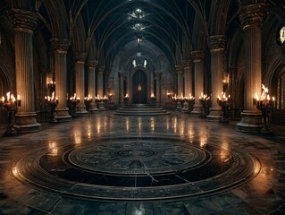 Grand hall interior design with gothic architecture columns and candle lighting