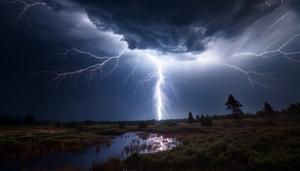 wild strike of lightning vibrates through dark sky illuminating night