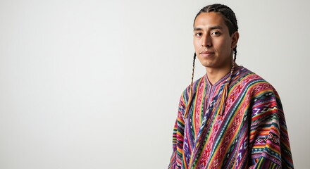 Young Indigenous Man with Braids Wearing Colorful Traditional Clothing Isolated on Transparent Background