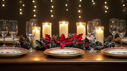 Christmas dinner table is elegantly set with candles and decorations.