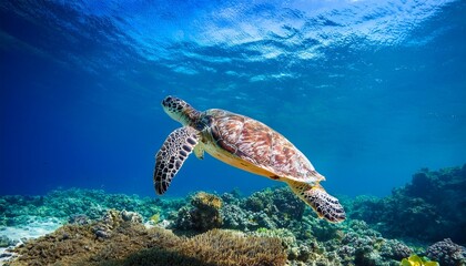 Obraz premium a sea turtle glides underwater above a coral reef in clear turquoise ocean water
