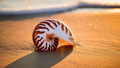 captivating beauty of a nautilus shell resting gently on the sandy shore during golden hour