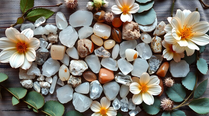 crystals with natural leaves and flowers,