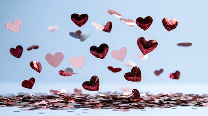 Heart-Shaped Confetti Falling on a Light Blue Background