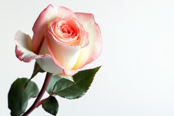 Delicate Rose Bloom: Pastel Petals, Green Leaves, Isolated on White, Beauty.