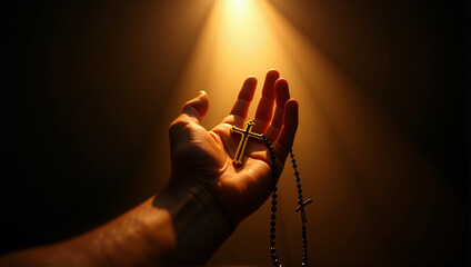 Hand Holding a Cross with Divine Light