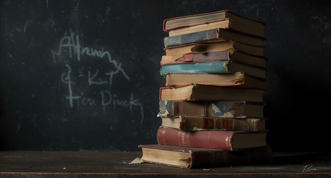 Stack of Old Books with Chalkboard Background