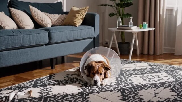 Adorable mixed canine breed sporting protective medical cone following veterinary procedure medical instruments and supplies Pet healthcare Adorable mixed breed dog wearing protective cone collar aft